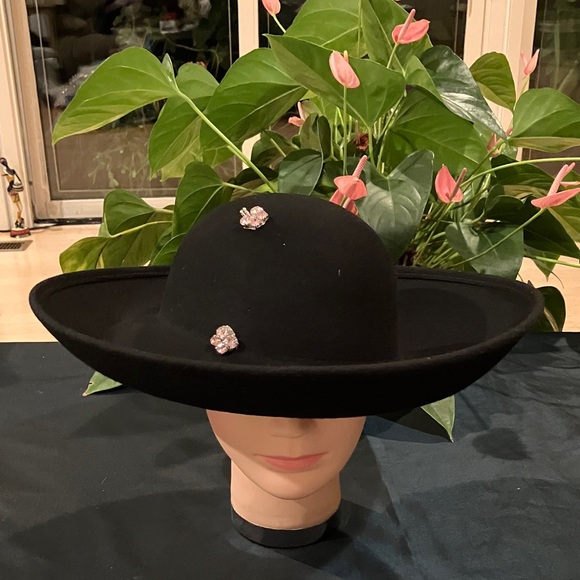Elegant Black Wool Wide-Brim Hat with Pink Crystal  Butterfly Accents - Picture 1 of 5